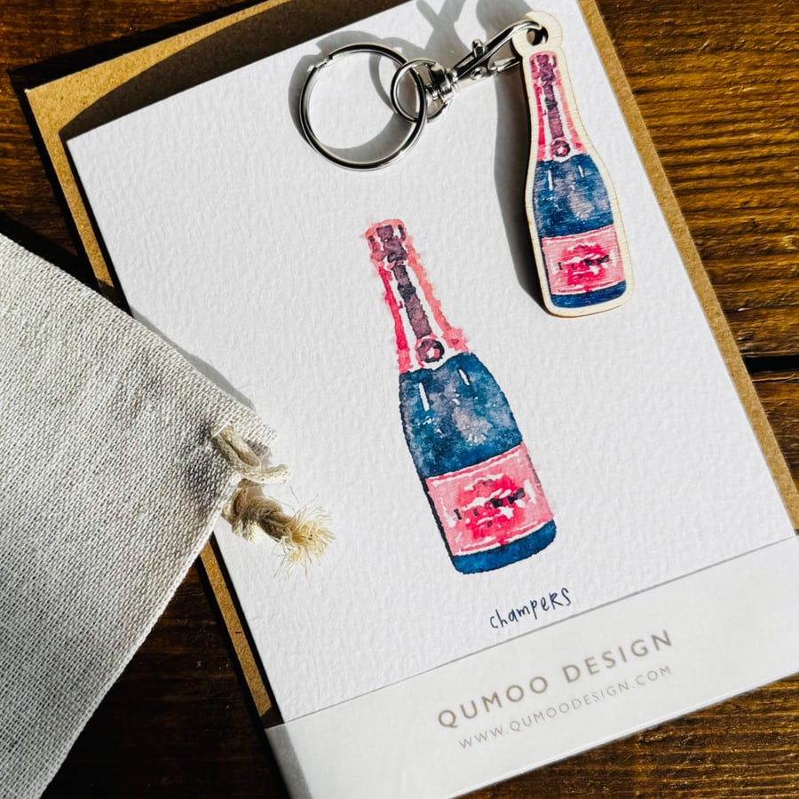 Champagne Bottle Keychain & Greeting Card Gift Set 