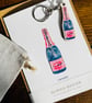 Champagne Bottle Keychain & Greeting Card Gift Set 