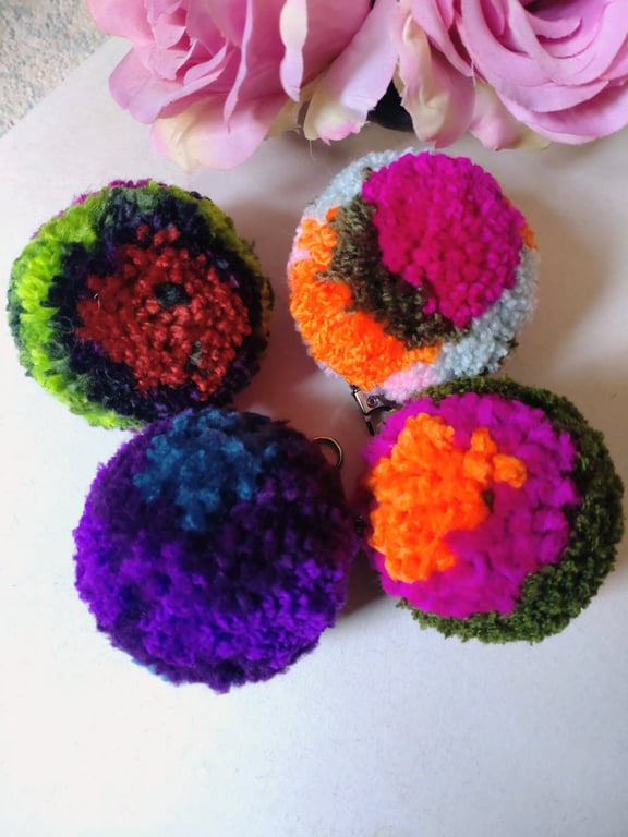Wool Pompom Bag Charm, Fluffy Pompom Keyring, 7cm, Gift Idea.