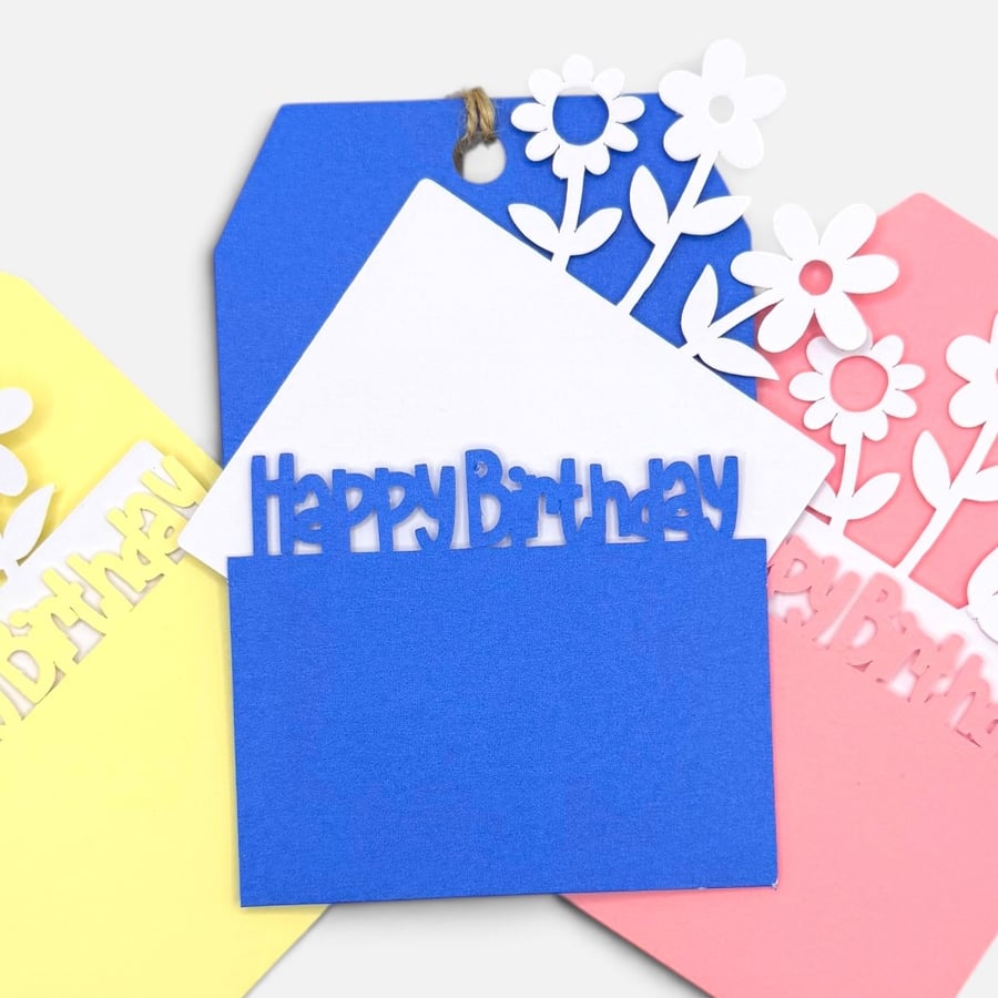 Set of 3 Blue Pink & Yellow Floral Birthday Gift Tags with Card Inserts