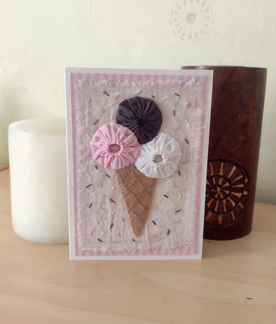 Fabric Ice Cream Card - Neapolitan - Hand-Stitched - Blank Card - Ice Cream Cone