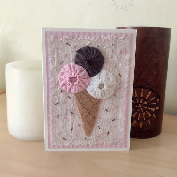 Neapolitan Ice Cream Card - Fabric Card - Hand-Stitched - Blank Card - Keepsake