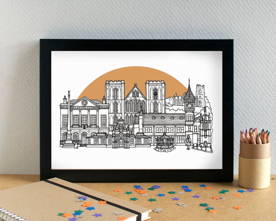 Ripon Landmarks Skyline Art Print