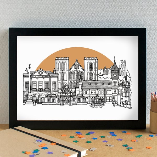 Ripon Landmarks Skyline Art Print