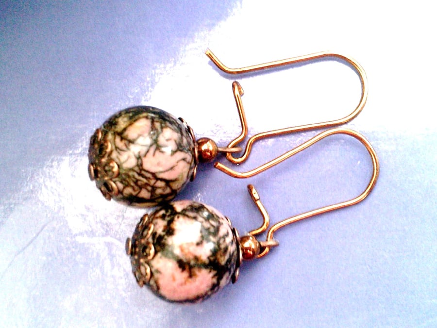 Rhodonite Copper Earrings, Pink and Grey Semi Precious Stone Earrings - Copper
