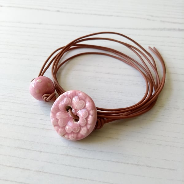 Vegan Flower Button Wrap Bracelet in Pale Pink