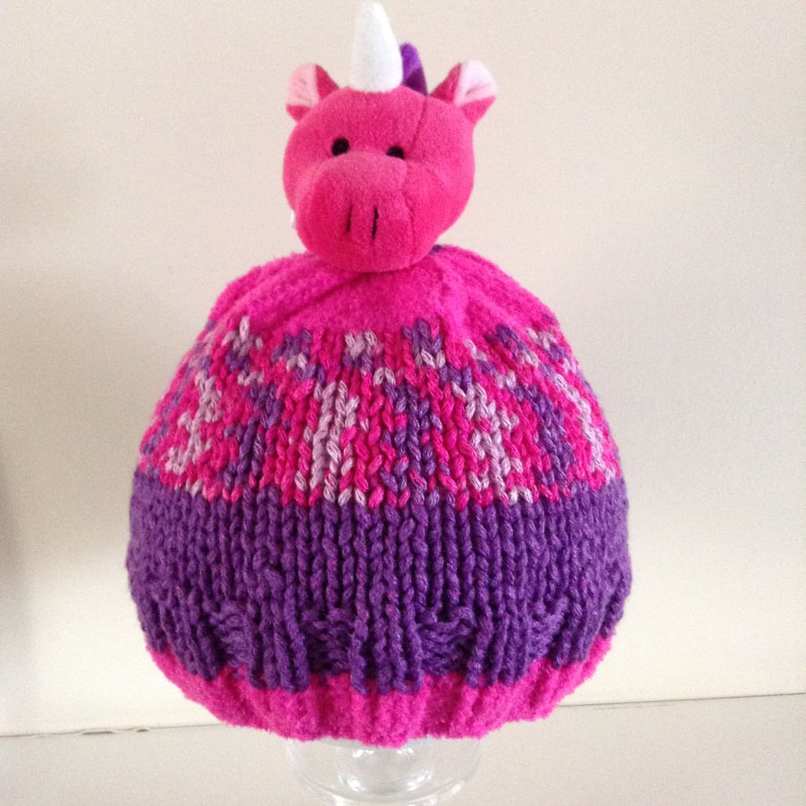 Hand Knitted Child's Hat with a Unicorn Character