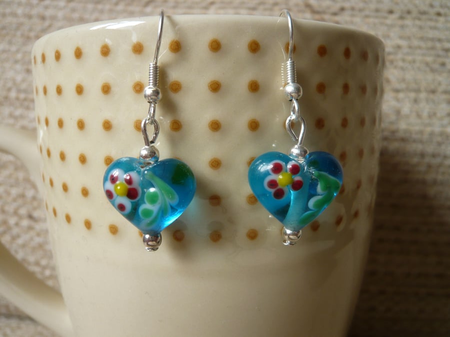 Blue Lampwork Glass Heart Bead Earrings