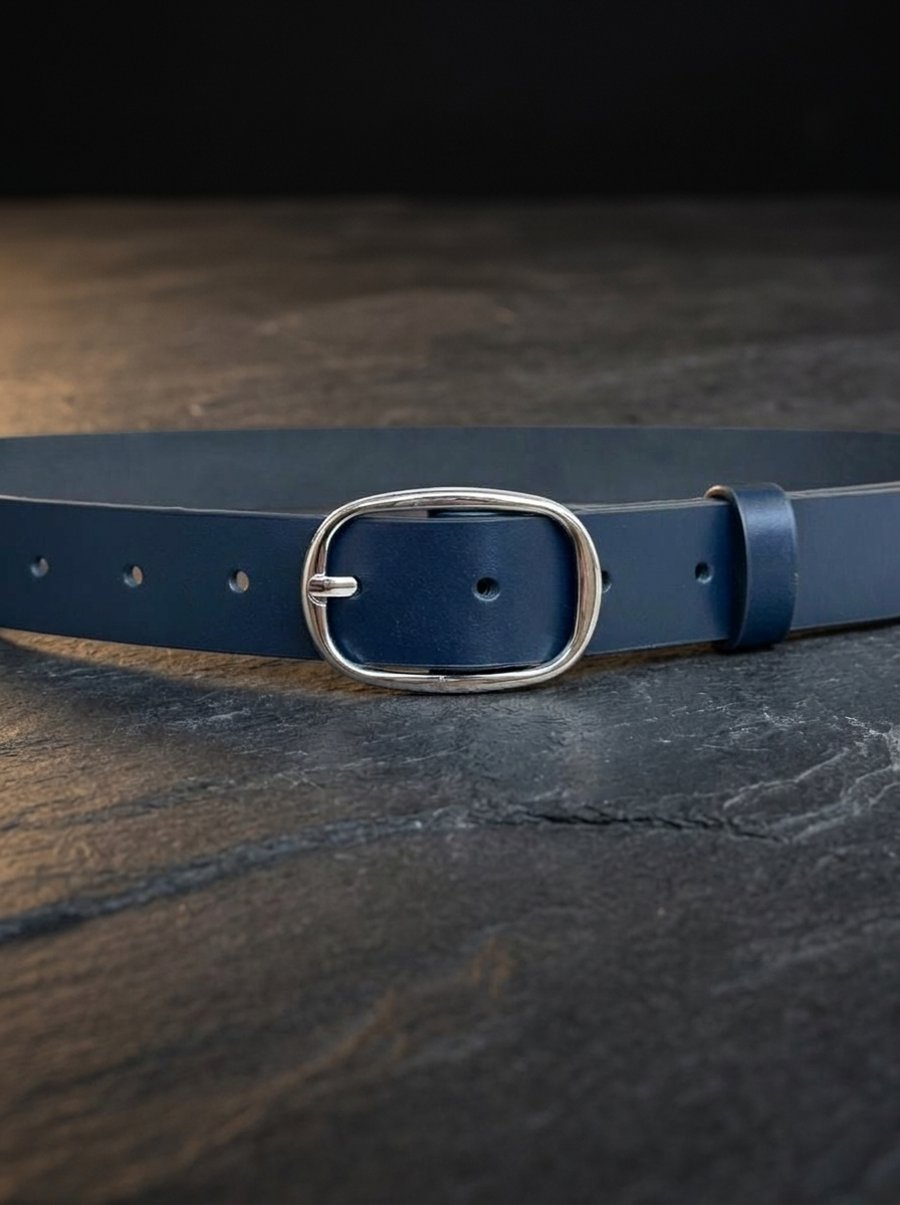 Navy Blue Full Grain Leather Belt Silver Oval Buckle Womens Belt 25mm 1 Inch
