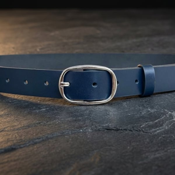 Navy Blue Full Grain Leather Belt Silver Oval Buckle Womens Belt 25mm 1 Inch