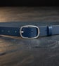 Navy Blue Full Grain Leather Belt Silver Oval Buckle Womens Belt 25mm 1 Inch