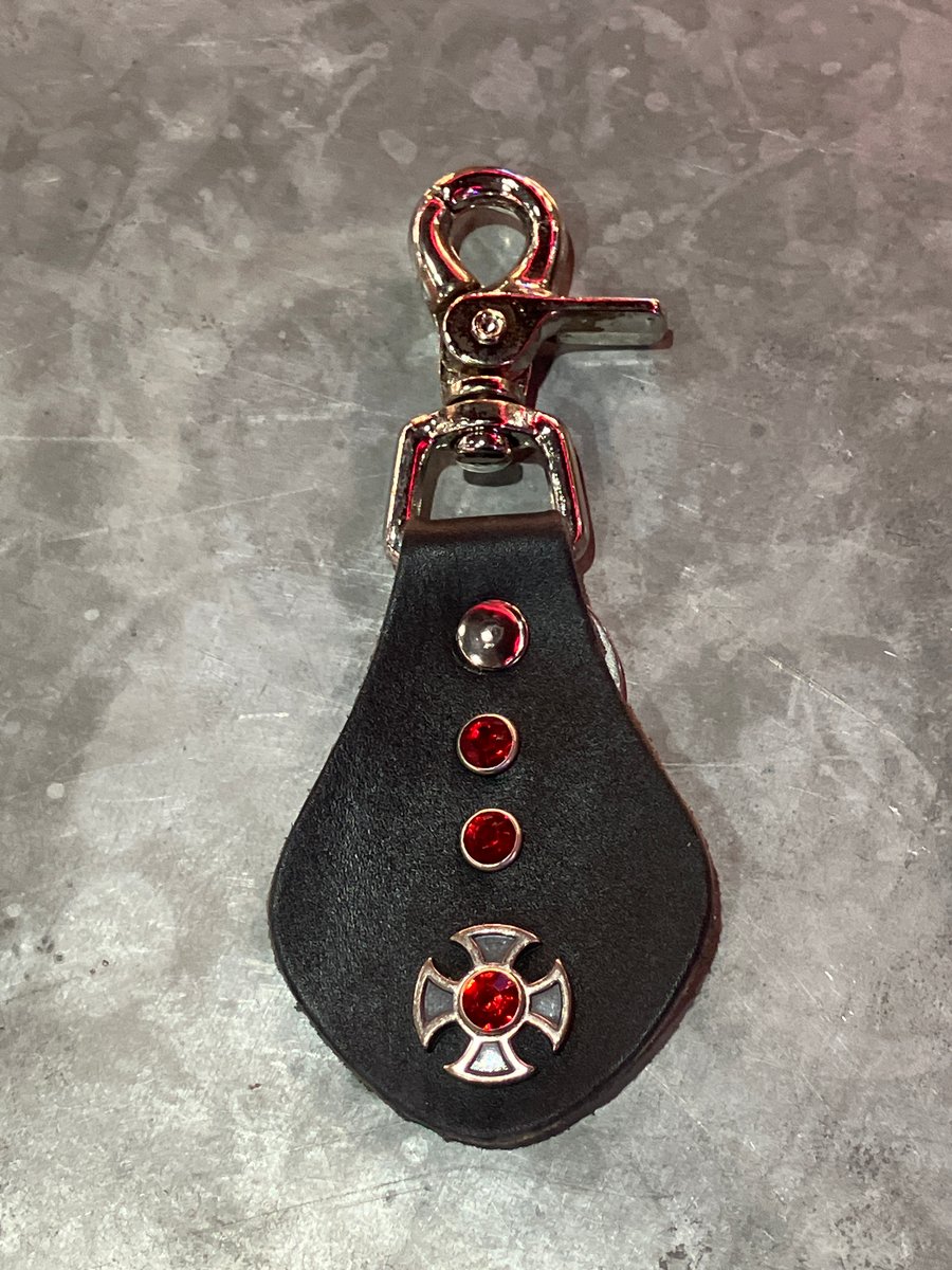 Black Leather Keyring with Iron Cross Design & 3 Red Gemstones - FREE SHIPPING