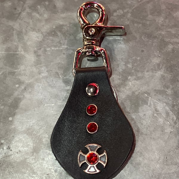 Black Leather Keyring with Iron Cross Design & 3 Red Gemstones - FREE SHIPPING