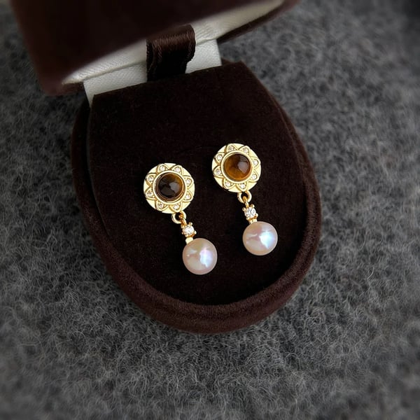 Classic Freshwater Pearl Drop Earrings with Natural Gemstone