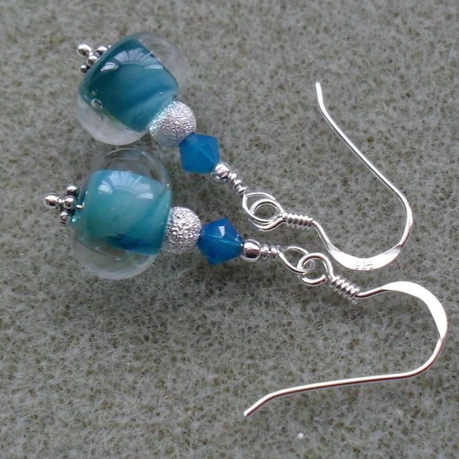 Sterling Silver Blue Lampwork glass Dangle Earrings