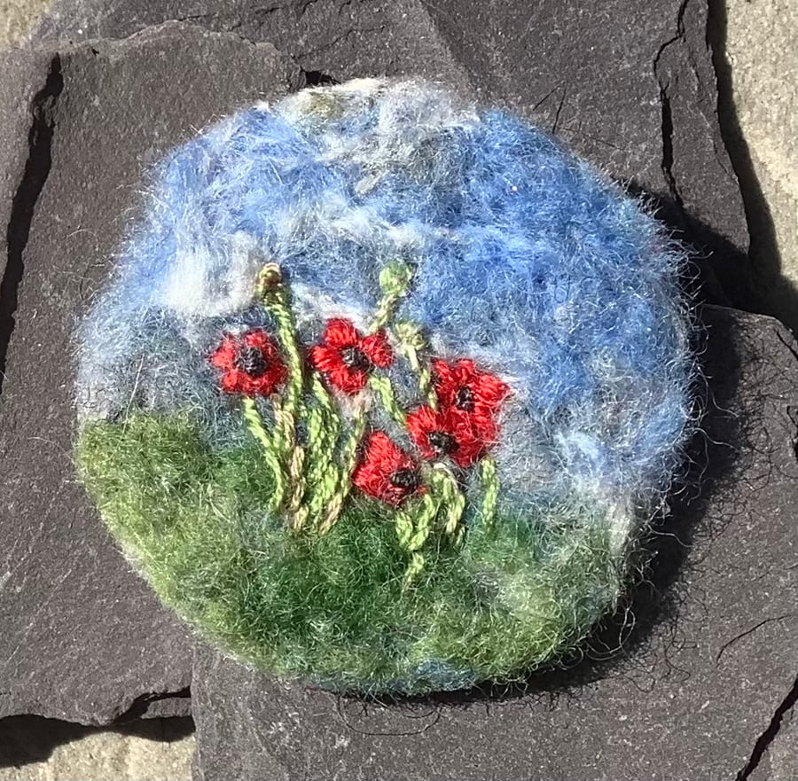Poppies Textile brooch, needle felted poppies with embroidery detail. Gift