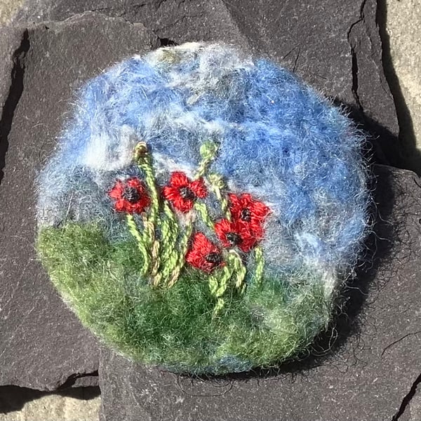 Poppies Textile brooch, needle felted poppies with embroidery detail. Gift