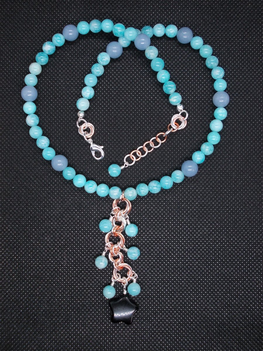 SALE - Amazonite and Angelite choker with chainmaille pendant