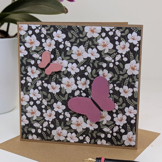 Handmade blank card with hand painted wooden butterfly embellishments