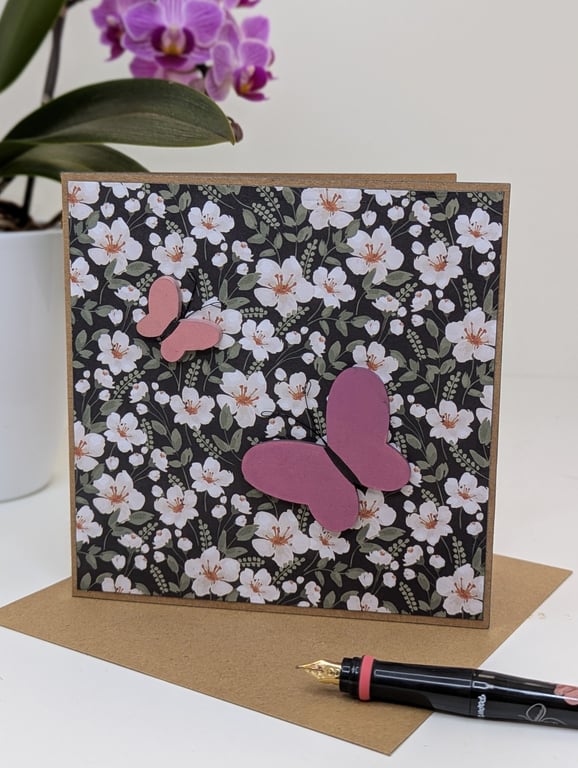 Handmade blank card with hand painted wooden butterfly embellishments