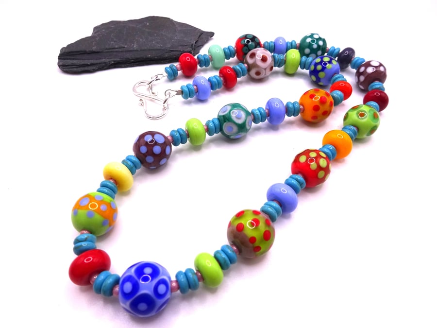 lampwork glass beaded necklace, rainbow polka dot jewellery