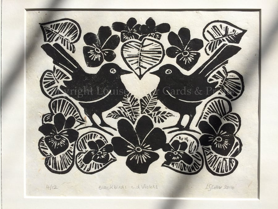 Blackbirds & Violets Lino Print