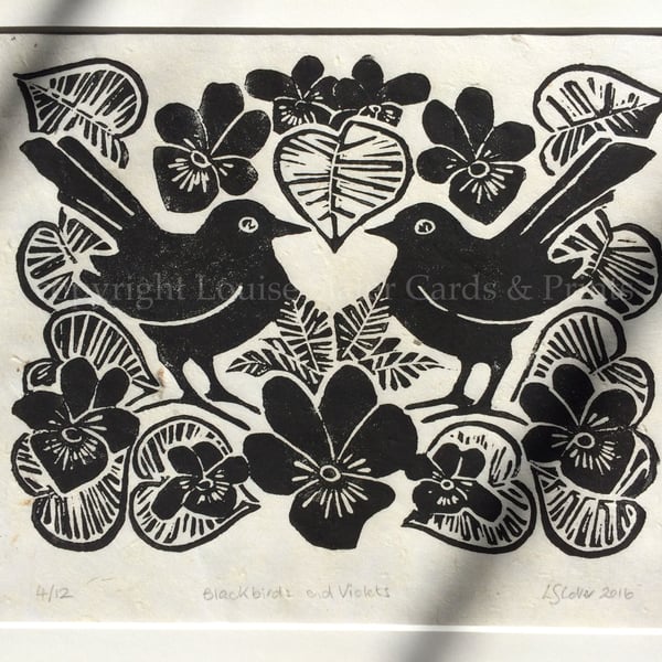 Blackbirds & Violets Lino Print