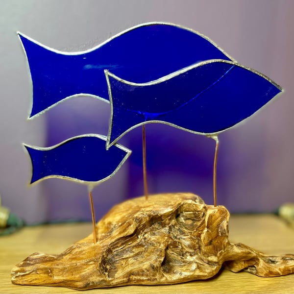 Stained glass blue fish on driftwood base sculpture