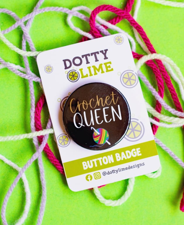 Crochet Queen button badge keyring, birthday badge keyring, crochet gift