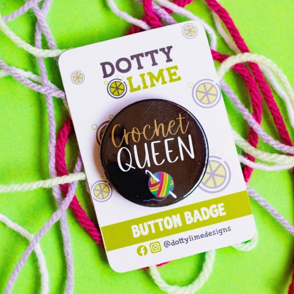 Crochet Queen button badge keyring, birthday badge keyring, crochet gift