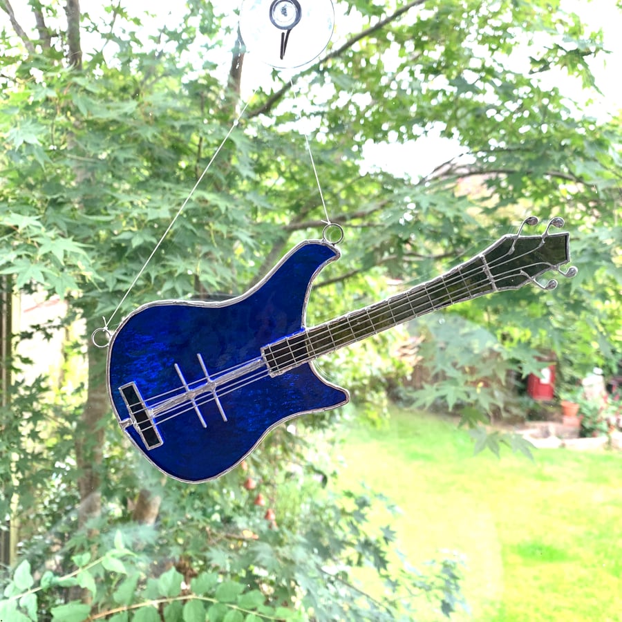 Stained Glass Bass Guitar Suncatcher - Handmade Hanging Decoration - Blue
