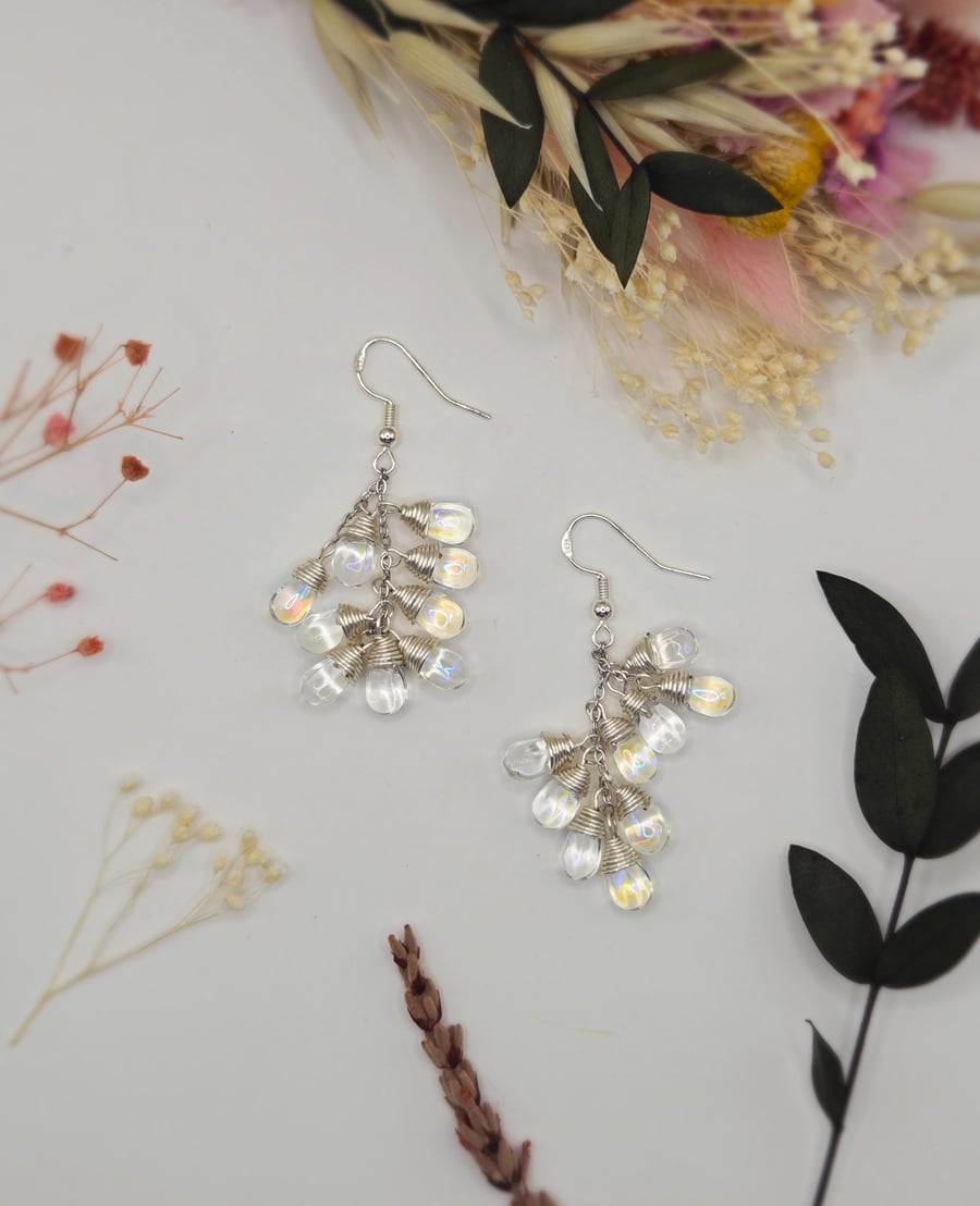 Wire Wrapped Iridescent Clear Teardrop Cluster Dangle Earrings, Sterling Silver