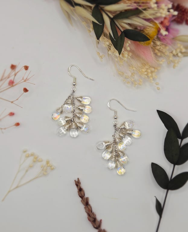 Wire Wrapped Iridescent Clear Teardrop Cluster Dangle Earrings, Sterling Silver