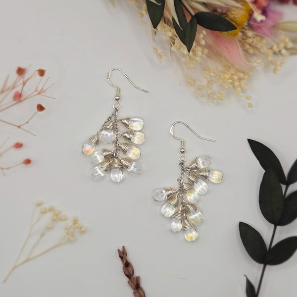 Wire Wrapped Iridescent Clear Teardrop Cluster Dangle Earrings, Sterling Silver