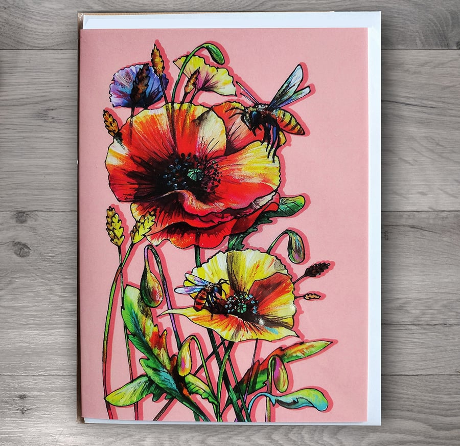 Blank card poppies and honeybees watercolour print