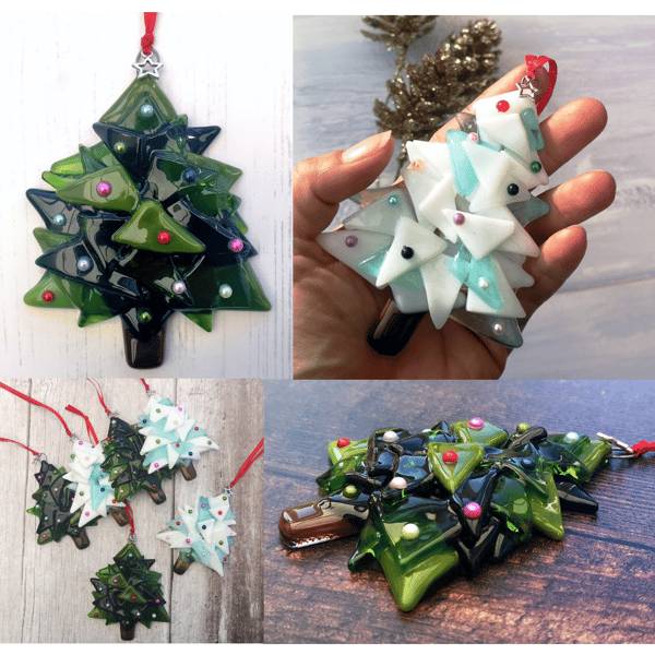 Handmade Fused Glass 3D Christmas Tree Hanging Decoration - Festive Gift