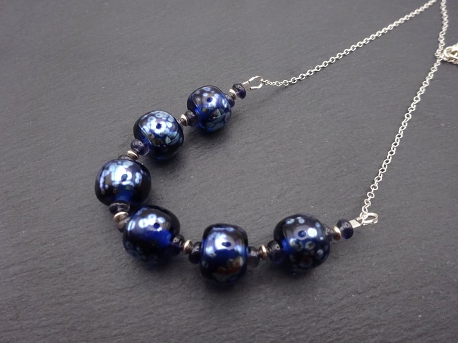 blue and silver speckled lampwork glass beaded necklace, sterling silver chain
