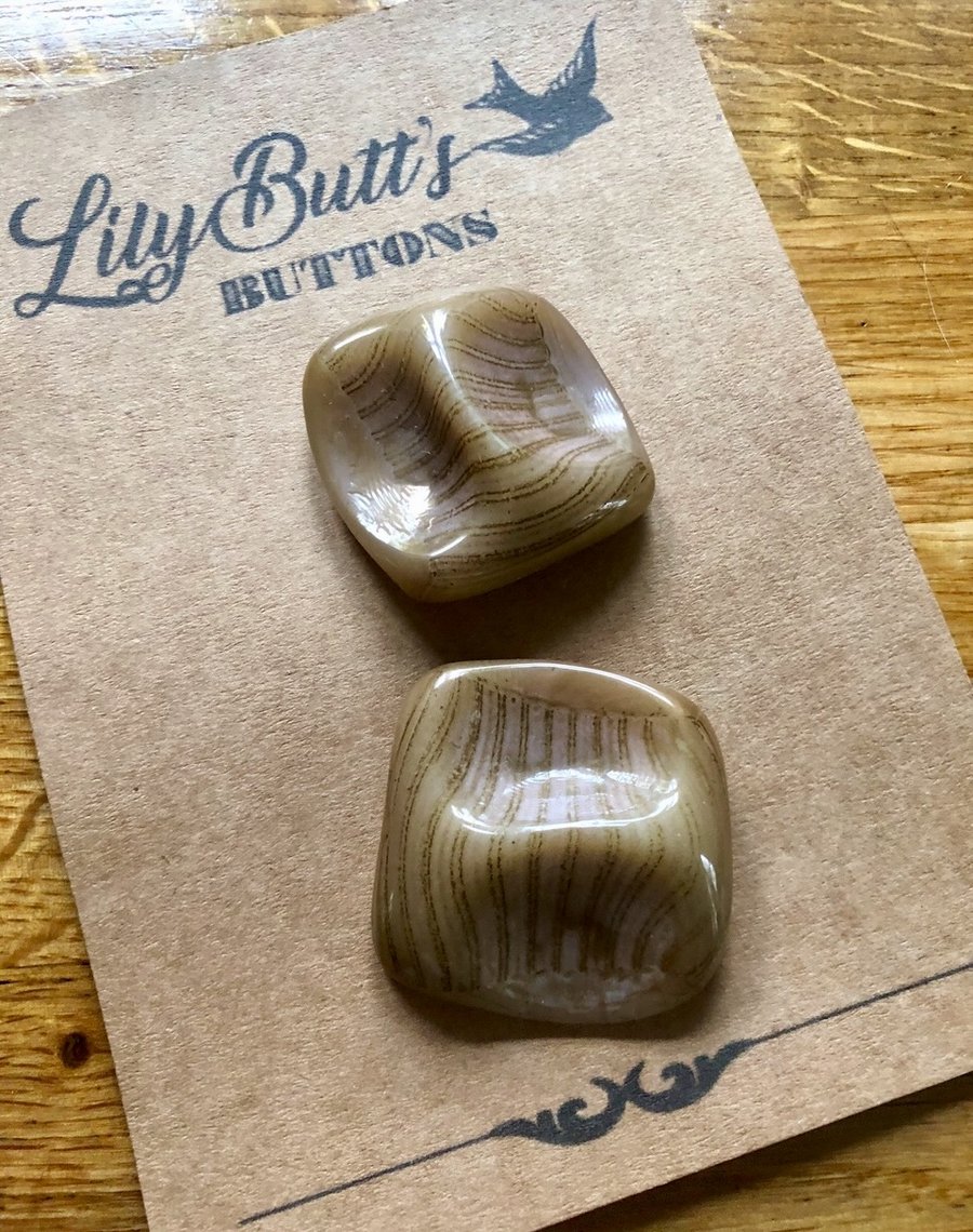 2 Vintage Brown Glass Square Buttons - 38 x 38 mm