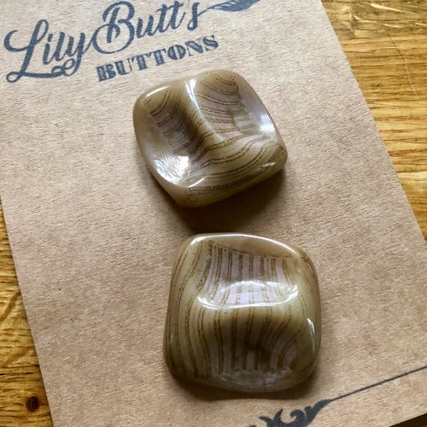 2 Vintage Brown Glass Square Buttons - 38 x 38 mm