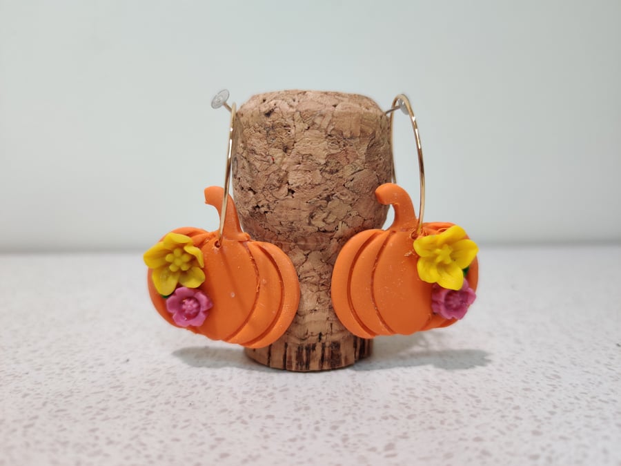 Autumn pumpkin flower hoop earrings 