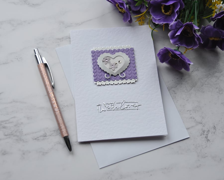 Valentine's Day With Love Silver Heart Flowers Free Post 3D Luxury Handmade Card