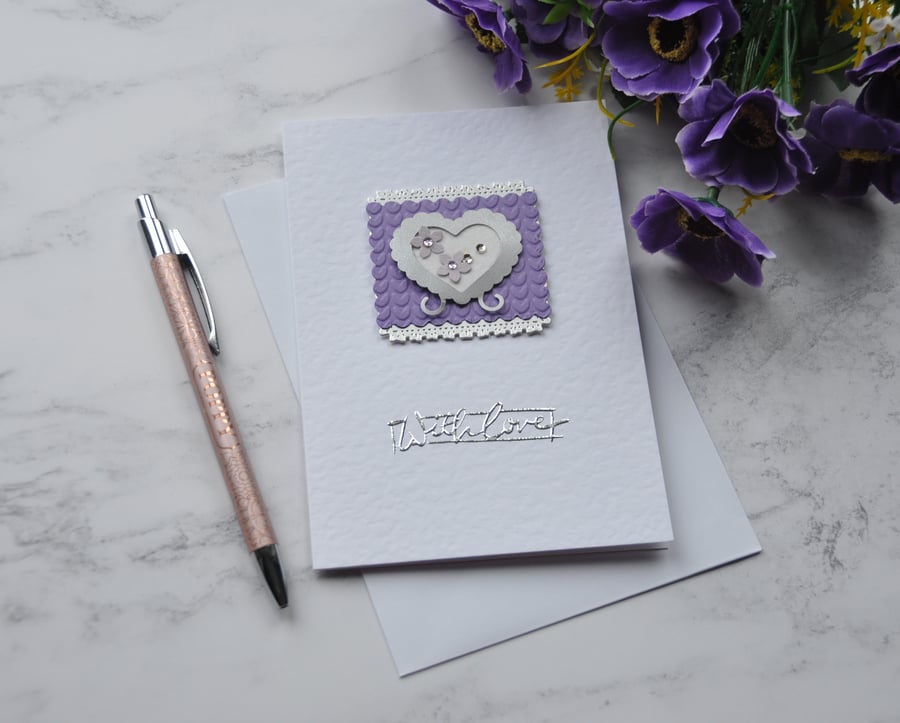 Valentine's Day With Love Silver Heart Flowers 3D Luxury Handmade Card