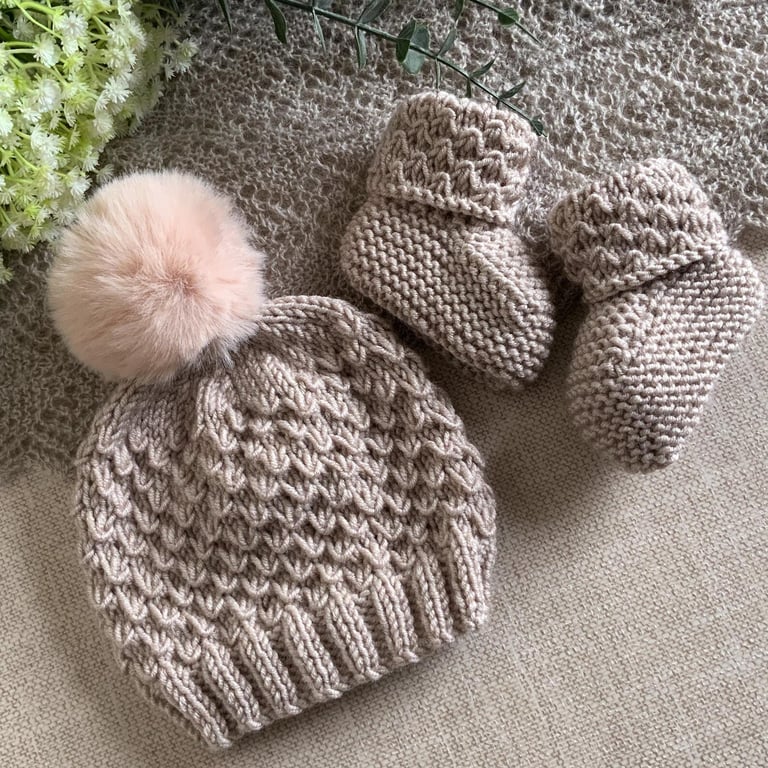 Hand Knitted Baby Hat and Bootie Set – Made to Order New Baby Gift