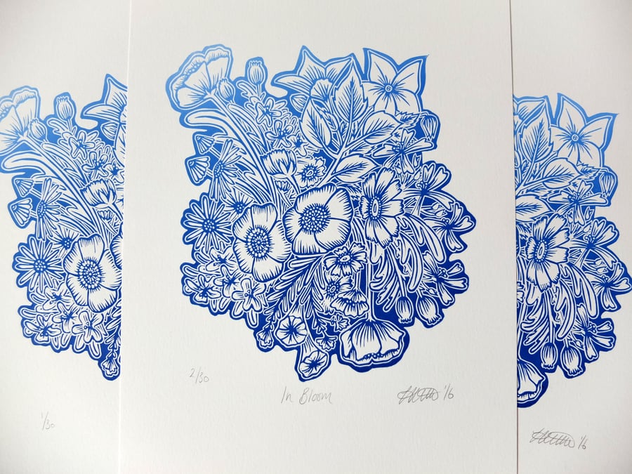 "In Bloom" Blue Flowers Floral Lino Print 