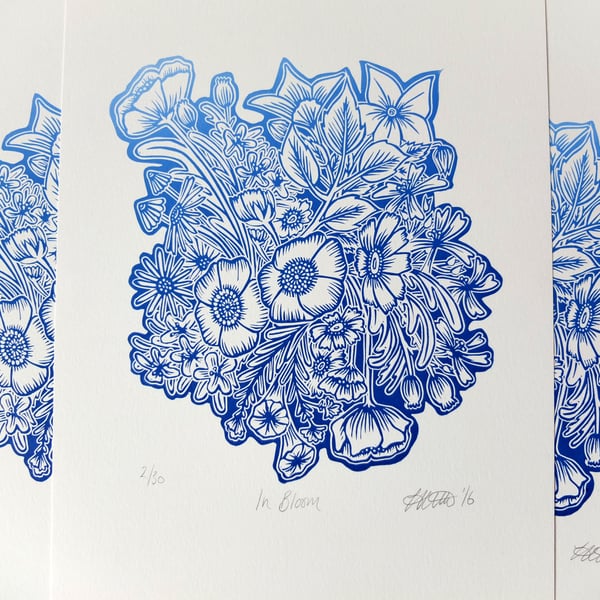 "In Bloom" Blue Flowers Floral Lino Print 