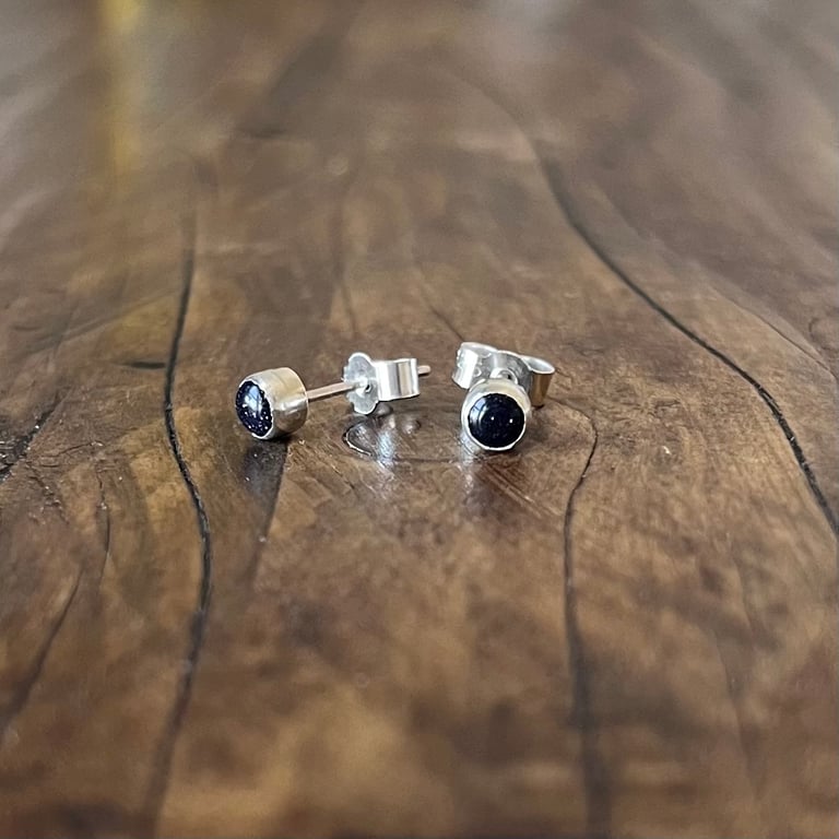 Written In The Stars Stud Earrings - Handmade, Sterling Silver, Blue Goldstone