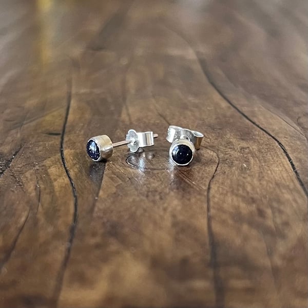 Written In The Stars Stud Earrings - Handmade, Sterling Silver, Blue Goldstone