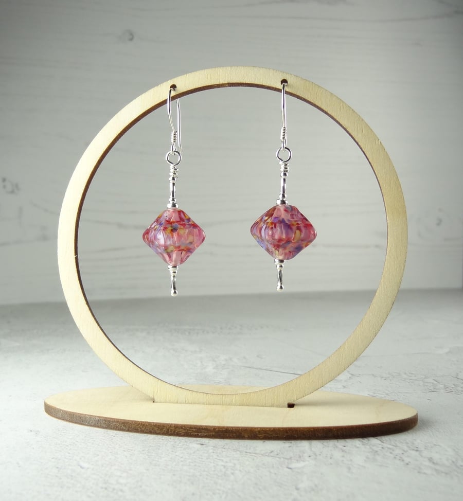 Pink purple speckled lampwork glass drop earrings, sterling silver, gift box