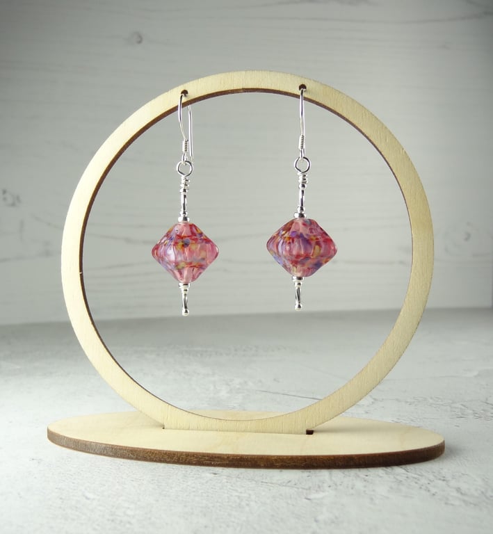 Pink purple speckled lampwork glass drop earrings, sterling silver, gift box
