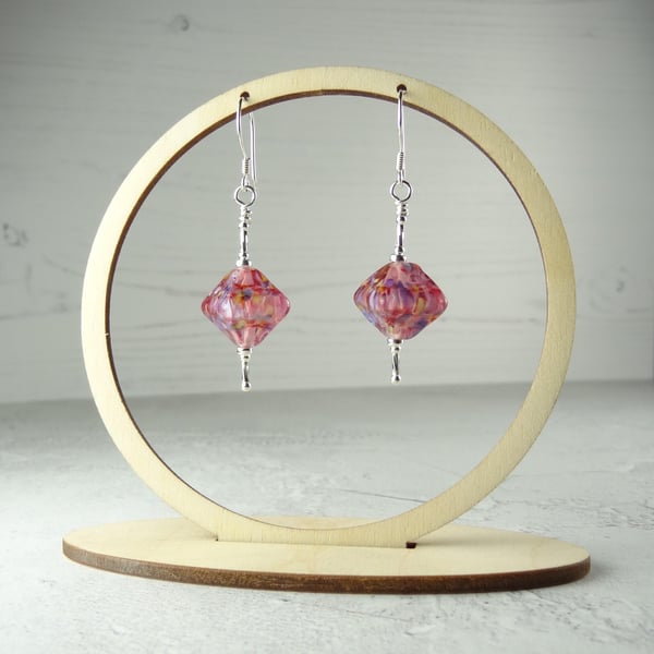 Pink purple speckled lampwork glass drop earrings, sterling silver, gift box